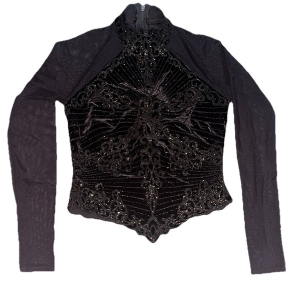 Tadashi Shoji Vintage Mock Neck Long Sleeve Sheer Velvet Beaded Top Brown XS - Picture 1 of 10